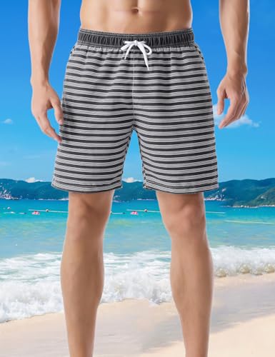 Men's Swim Trunk Striped Relaxed Fit Soft Washed Drawstring Board Shorts3