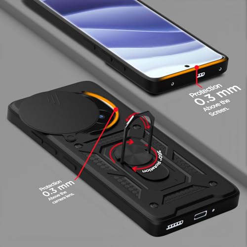 Image of Pikkme Back Cover for Redmi Note 14 Pro Plus 5G | D10 Tough Armor | 360 Protection Case | Sliding Camera Shield Cover & Ring Holder Stand Bumper Case (Black)