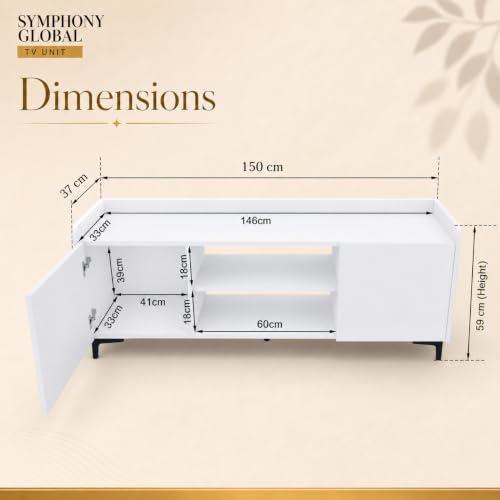 Image of Studio Kook Symphony Global 150 cm TV Unit, Moonshine White | 150 cm engineered wood TV cabinet for 40-65 inch TVs, with two side cabinets, open shelves and a 70 kg tabletop capacity.