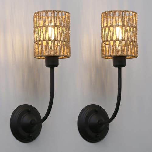 Image of Yosoan Set of 2 Rattan Boho Wrapped Wall Sconce Light, Indoor Hardwired Gold Hand-Woven Farmhouse Vintage Lamps, Brass Braided Rope Shade Wall Mount Fixture for Reading Bedroom(Black)