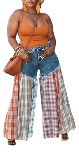 Womens Sexy Fashion High Waist Plaid Print Stitching Wide Leg Denim Pants Jeans Trousers