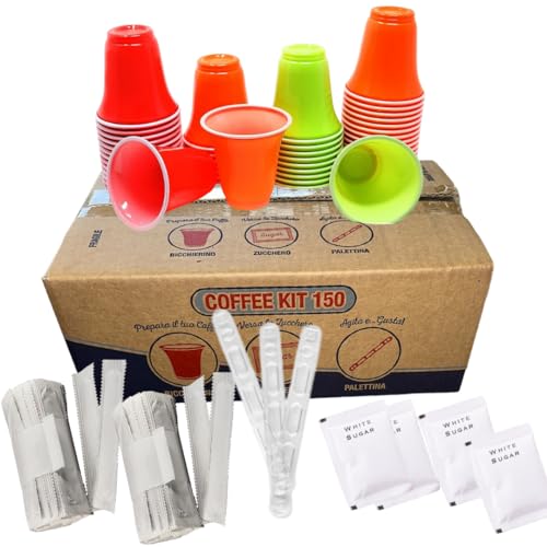 4 KIT DA 150 ACCESSORI CAFFÈ con 600 BUSTINE DI ZUCCHERO + 600 BICCHIERINI + 600 PALETTINE PLASTICA -