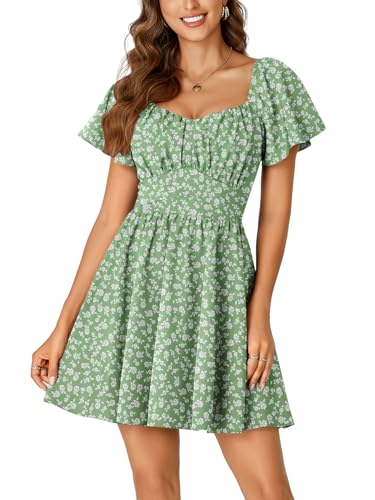 Image of Rooscier Women's Tie Back Square Neck Wrap Ruffle Short Sleeve Flare Mini Dress