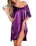 Ekouaer Womens Sleepwear Satin Short Sleeve Nightgown Plus Size V Neck Nightshirt Short Sleeve Nighty(Wineberry M)