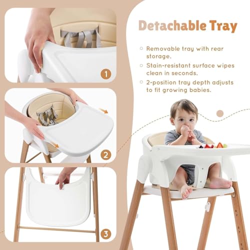 Image of Convertible High Chairs for Babies & Toddlers. 5-in-1 Adjustable High Chair with Removable Tray, Easy to Clean, Portable (Khaki)