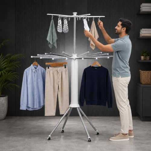 Image of Plantex Cloth Stand for Home /Foldable Rotating Cloth Drying Rack /360 Cloth Stand with Lockable Wheel /Indoor & Outdoor Cloth Hanger - Pack of 1 (White)