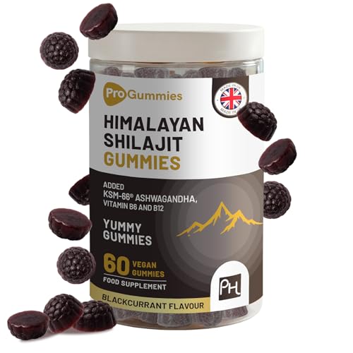 Himalayan Shilajit Gummies 3000mg with KSM-66 Ashwagandha Vitamin B6 & B12 60 Vegan Gummies Energy & Vitality Support for Men & Women Blackcurrant Flavour (Made in the UK by Prowise)
