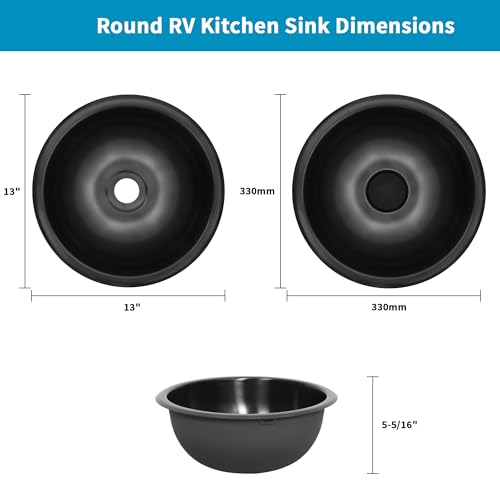 Image of Black RV Kitchen Sink,13 inch x 13 inch Stainless Steel Bar Sink,13 Inch Small Kitchen Sinks with Oval Features for Bathroom,Outdoor,RV and Bar, Included with Kitchen Sinks Drain Assembly