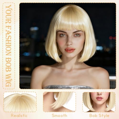 Image of PLULON Blonde Short Bob Wig with Bangs for Women, Colorful Neon Short Bob Synthetic Hair Wigs with Hair Cap Heart Sunglasses for Girls Daily Bachelorette Halloween Costume Party Supplies