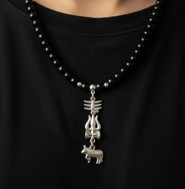 Image of Mahadev Trishul & Nandi Pendant Necklace for Men - Silver Finish Mahesh babu Shiv Pendant with Black Beads Mala | Spiritual Devotional Fashion Jewellery for Daily Use & Gifting Accessories for Men | Birthday Gift for Boy