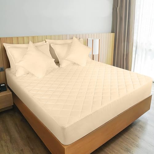 Image of Trance Home Linen Fitted Quilted Cotton Mattress Protector | Water Resistant - Breathable Fluffy Soft Bed Cover | Bed Cushion Cooling Protector (Quilted Fitted | 72x60 inch, Beige)