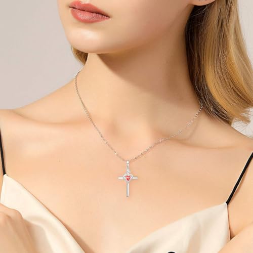 Cross Pendant Necklace, Rose Heart Cross Pendant Necklace for Women, 18K White Gold Plated Sterling Silver with Zirconia, 12 Color Options, Romantic Jewelry Gift for Her2