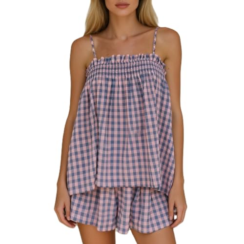 Meiweileya Women Gingham Pajama Set Y2k Sleeveless Babydoll Tank Top and Checkered Shorts 2 Piece Sets Striped Flowy Matching Pj Outfits Purple