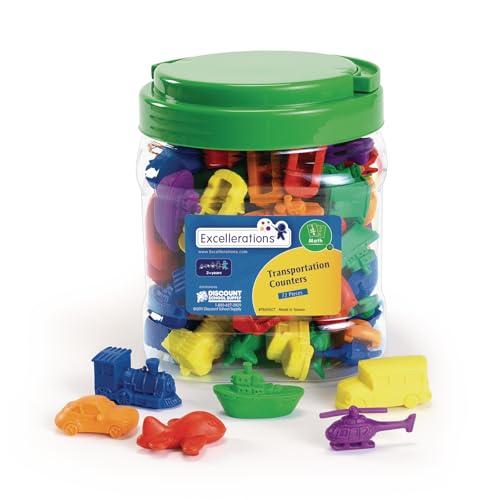 Excellerations Math Manipulatives Set of 72 Transportation Vehicle Counters 1-1/2 inches -2 inches, STEM Educational Toys for Mathematics, Preschool