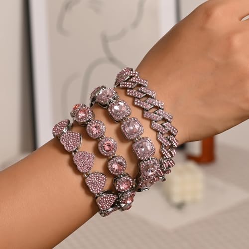 4-PCS Cuban Link Bracelets for Women,Diamond Tennis Bracelet Set,14K Gold Plated Layered Stackable Jewelry, Adjustable Bling Gift Set for Women3