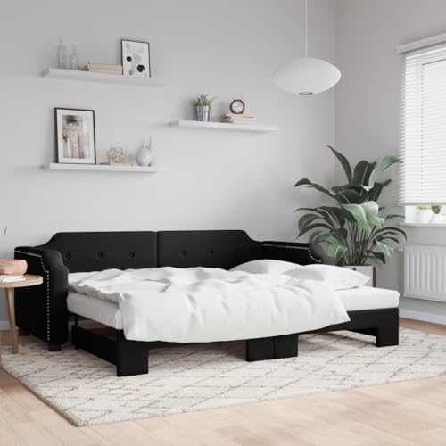 Canditree Canapé-lit Convertible en Bois, Banquette Convertible Lit Gigogne Lit Coulissant Lit de Jour Tissu (Noir)