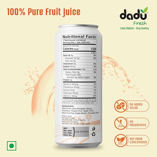 Image of Dadu Fresh Mixed Fruit Juice | Pure Natural Juice | Not from Concentrate | No Added Sugar | No Preservatives or Artificial Flavors | Vitamin-Rich & Naturally Refreshing | 250ml (Pack of 4)