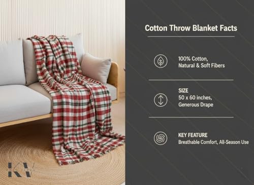 Image of 100% Cotton Waffle Weave Sofa Throw Blanket 50x60 Inches or 125x150 cms Lightweight, Soft & Breathable Couch, Bed or Chair Throw Blanket for Living or Bedroom, Red White Checkered