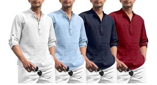 Image of Zombom Combo of Men's Solid Cotton Polyester Blend Full Sleeve Mandarin /Chinese Collor Straight Kurta Shirt (Pack of 4)