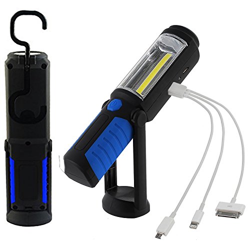 Lampe Torche LED Rechargeable de travail 3W COB Electrique avec Batterie Intégrée au Lithium Lampe de Poche Magnétique en Deux Modes avec Crochet pour Réparation Auto d'Urgence Camping Chasse, Bleu