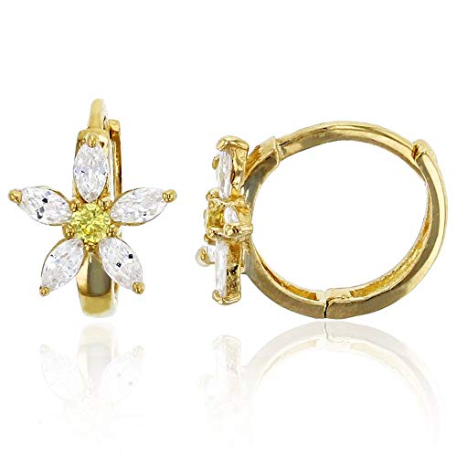 14K Yellow Solid Gold 8mm Flower AAA Cubic Zirconia Huggie Earrings | In 5 Colors: Emerald, Pink, Red, Sapphire and Yellow | 8x10mm | Solid Gold Huggie Earrings for Women - Main Image