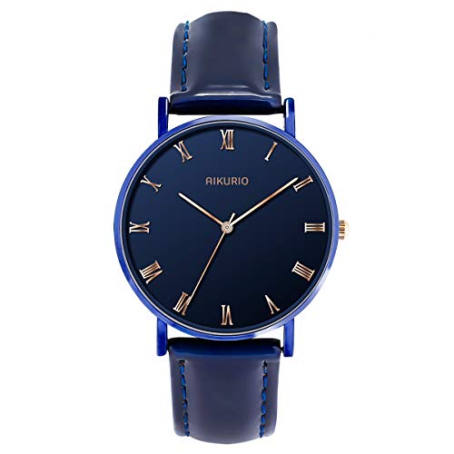 AIKURIO Women Fashion Simple Watch 30M Waterproof with Leather Strap and Ultra-Thin Case AKR009 (Blue)