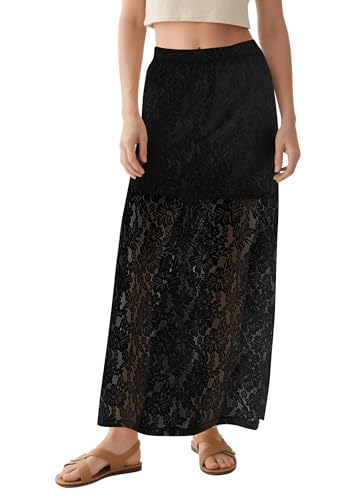 Urban CoCo Women's Elastic High Waisted Flowy A-Line Maxi Lace Skirt Summer Casual Long Skirts