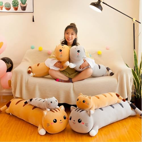 Image of Tickles Cat Soft Stuffed Plush Bolster Pillow Toy for Kids Birthday Gift (Size: 80 cm; Color: Brown)