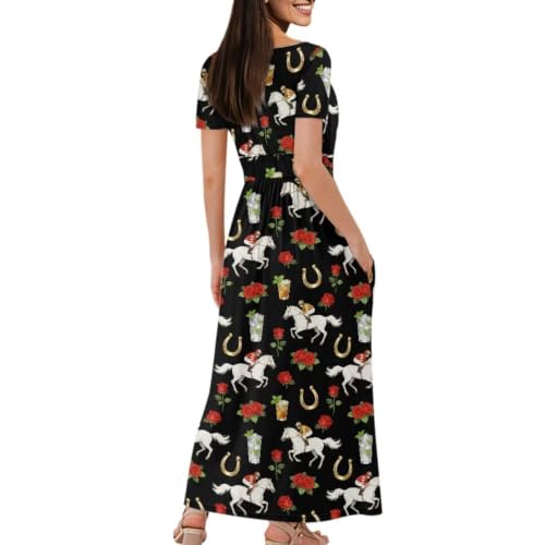 Image of Women's Fall Summer Short Sleeve Ankle Length V-Neck Party Dress with Pockets Size S-3XL