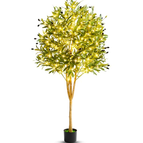 7ft Lighted Olive Tree, Faux Olive Tree in Planter, Realistic Fake Plant with Natural Trunk with...