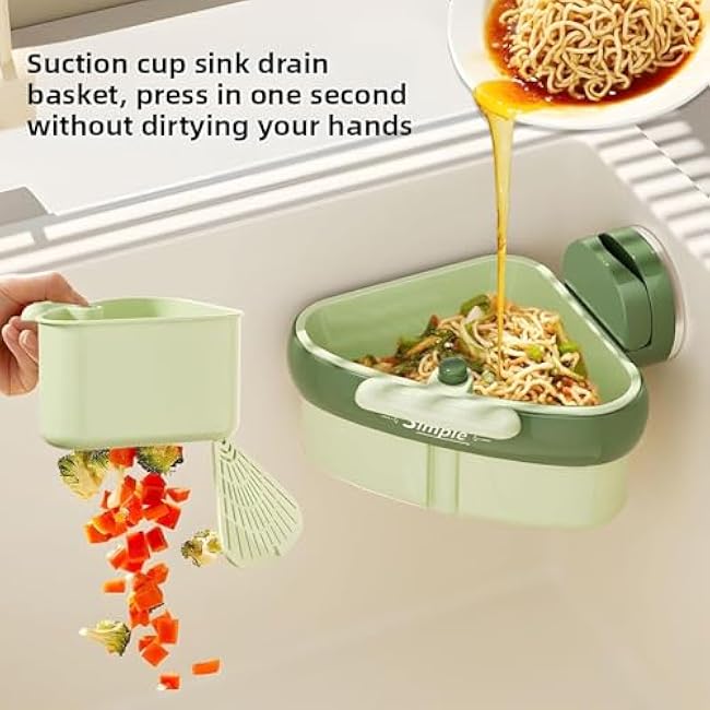 Corner Sink Strainer, Suction Cup Sink Corner Rack, Sink Strainer Basket, Suction Cup Press Sink Drainer Basket, Automatic Dumping, Faucet Sponge Storage Rack, Trash Catcher for Food Waste (Green)