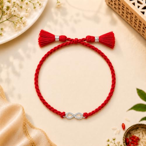 Image of MAIRA 925 Sterling Silver Premium Designer Bracelet Rakhi for Brother | Handmade Raksha Bandhan Sacred Thread with Silver-Tone Geometric Charm & Adjustable Red Braided Cord | Traditional Festival Rakhi Gift (FLOWER)
