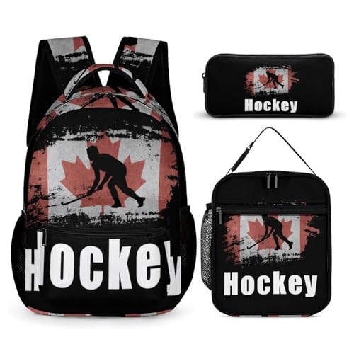 Canada Hockey Canadian Flag Backpack Shoulder Bags Lunch Bag Pencil Case Box 3 Set Daypack Cute