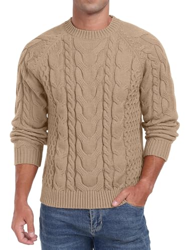 Image of QIXING Men's Cable Knit Jumper Crew Neck Sweater Soft Casual Long Sleeve Textured Knitwear Tops for Men UK (Khaki, XL)