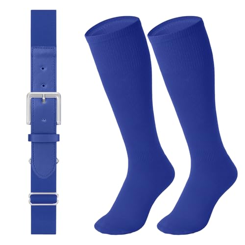 LEACOOLKEY Baseball Belt and Socks Combo Set Softball Socks and Elastic Belt for Adult Men Women Royal Blue