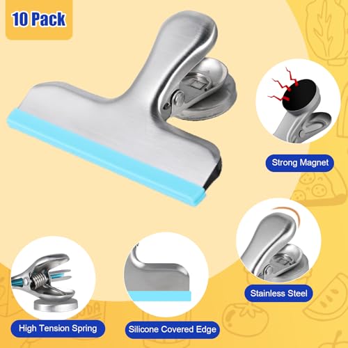 Image of Chip Clips Bag Clips, 10 Pack Strong Magnetic Bag Clip Silicone-Covered Edges No Scratch Airtight Seal, Stainless Steel Heavy Duty Food Clip for Fridge Kitchen Food Storage, Black