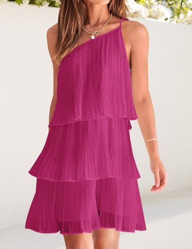 Image of ZESICA Women's Boho Summer One Shoulder Sleeveless Ruffle Tiered Layered Chiffon Pleated A Line Flowy Mini Dress