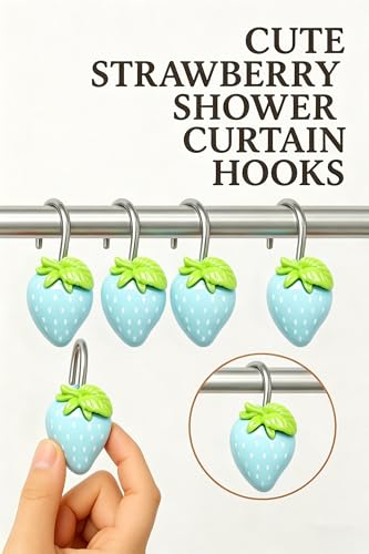 Image of Blue Strawberry Shower Curtain Hooks 12 Pack Resin Decorative Shower Curtain Hooks Cute Fruit Bathroom Curtain Hangers for Standard Shower Rod
