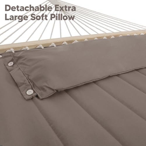 Image of SUNCREAT 55 Inch Extra Large Double Hammock with 12 ft Stand, 475lbs Capacity, Outdoor Portable Hammock with Hardwood Spreader Bar, Extra Large Pillow, Brown