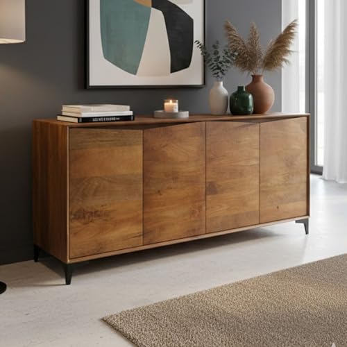 Image of Solid Mango Wood Cabinet with 4 Door | Cabinet for Bedroom,Living Room,Dining | Solid Wood Free Standing Sideboard