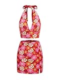 Verdusa Women's 2 Piece Outfit Floral Crop Halter Top and Split Bodycon Sets Red S