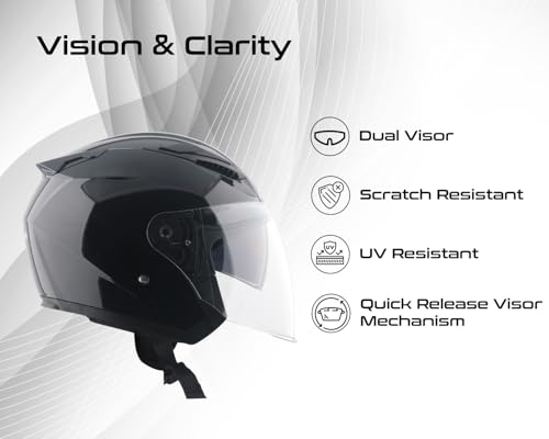 Image of Vega VO 03 Swift Dual Visor Open Face Motorcycle Helmet with Aerodynamic Lightweight Shell, Shock-Absorbing Interior, Comfortable Fit, Trendy Black Finish Black XL
