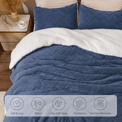 Image of BEDELITE Fluffy Sherpa Full Comforter Set,Navy Blue | Super Soft & Warm Fleece Bedding, Luxury Fuzzy Comforter for Winter, Heavy Plush Bedding Set,2 Pillowcases