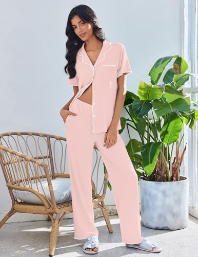 Image of Ekouaer Pajamas for Women Set Button Up Soft Pjs Short Sleeve 2 Piece Lounge Sets Comfy Sleepwear