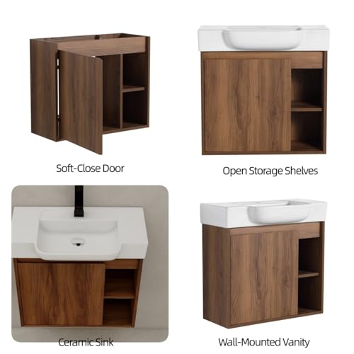 Image of 24 inch Bathroom Vanity with Ceramic Sink, Modern Wall-Mounted Bathroom Vanity with Soft-Close Door & 2 Open Storage Shelves for Home, Farmhouse, Undermount Storage Cabinet, Easy to Clean, Brown