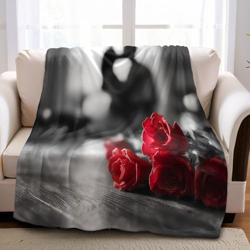 Rosas Rojas Manta de Franela Gris 130 x 150 cm Manta 3D Estampada de Felpa, Suave y Ligera para Sofá y Cama