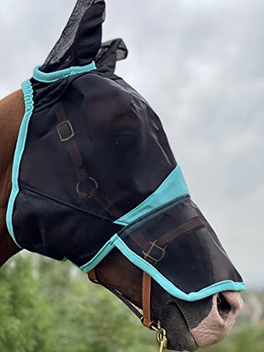 Tgw Riding Horse Mask Full Face Mesh Fly Mask Fine Mesh With Ears And Long Nose (Warmblood, Black/Turquoise) #TOP4