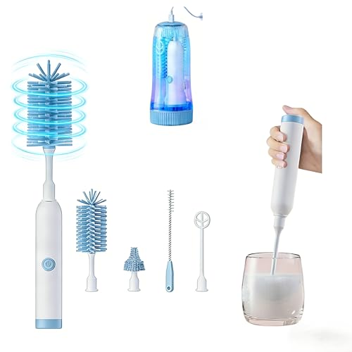 Image of WHNL Portable Electric Silicone Bottle Brush Set, 7-in-1 UV Light USB Charging, Nipple/Straw Cleaner, Milk Mixer, Built-in Drying Rack & Storage Case, BPA-Free, IPX7, On-the-Go for New Parents (Sky)