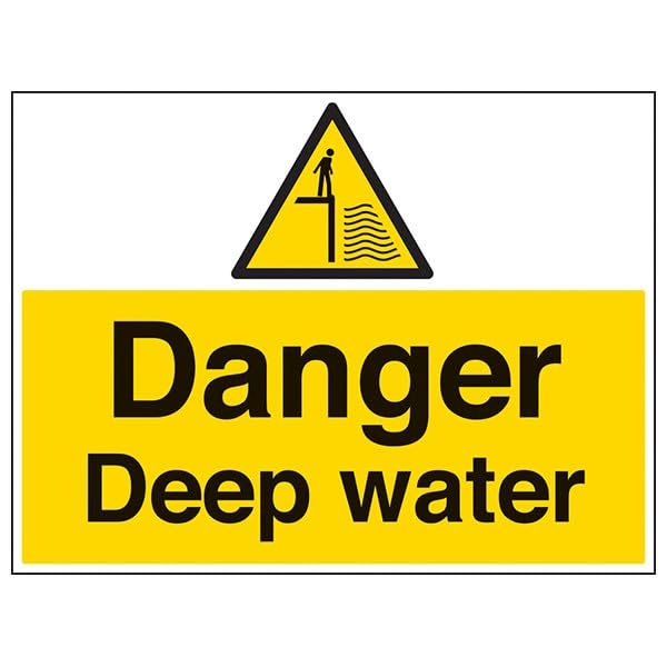 V Safety Warning Water- Danger Deep Water - 600 X 450MM Safety Sign With Snap Frame, Yellow/Black, 600x450mm