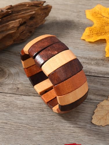 Bohemia Natural Wood Coconut Shell Bangle Bracelets Retro Ethnic Multi-Colored Wood Beaded Stretch Bracelets Boho Wide Chunky Elastic Wristband for Women Men Holiday Jewelry Gifts4
